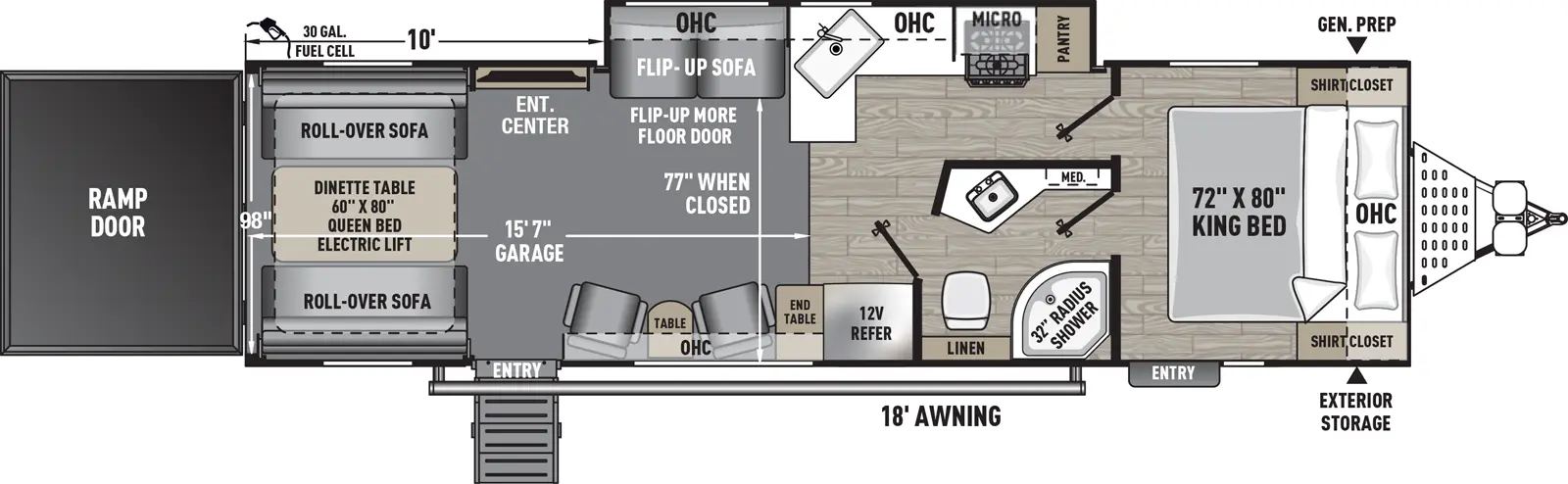 The Work and Play 29SS floorplan is a toy hauler that has two entries and one slide out. Exterior features include: fiberglass exterior and 18' awning. Interiors features include: front bedroom.